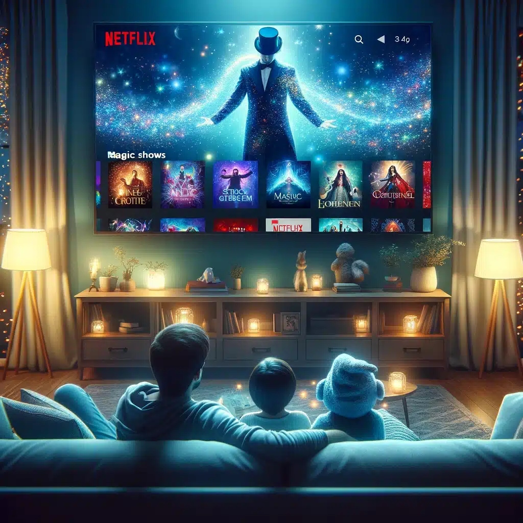 A cozy living room at with a modern TV displaying a vibrant, magical scene on Netflix with sparkling effects